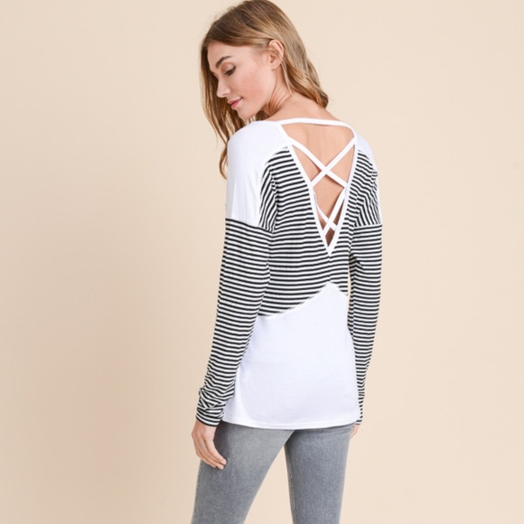 Doe & Rae Tops - DOE & RAE Cutout Strappy V  Back Striped Top NWT